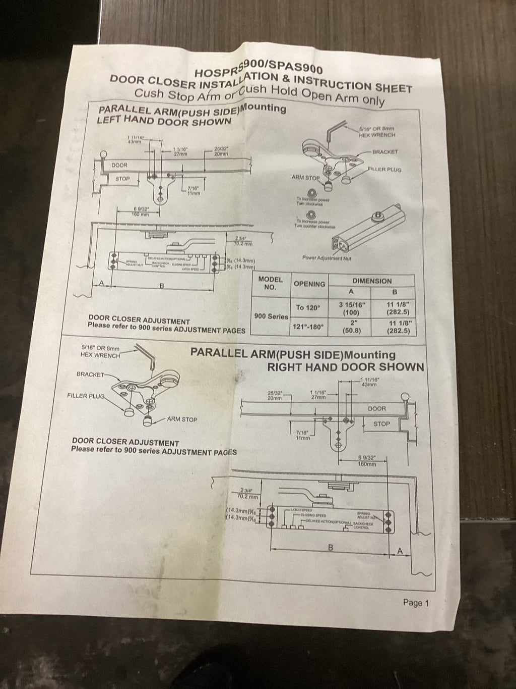 SPAS900 GOLD Parallel Arm (Push Side) Mounting Left Hand Door