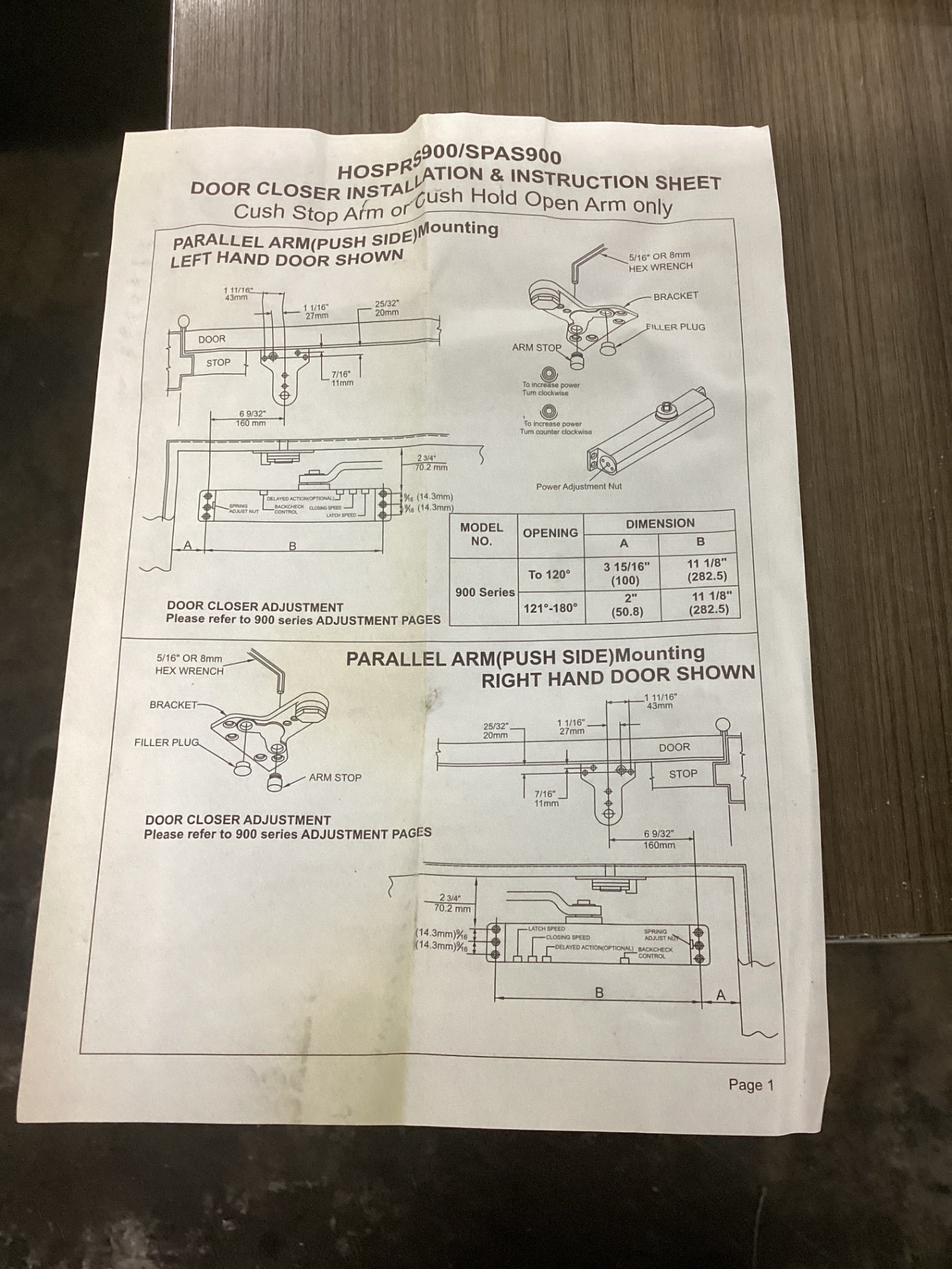 SPAS900 GOLD Parallel Arm (Push Side) Mounting Left Hand Door
