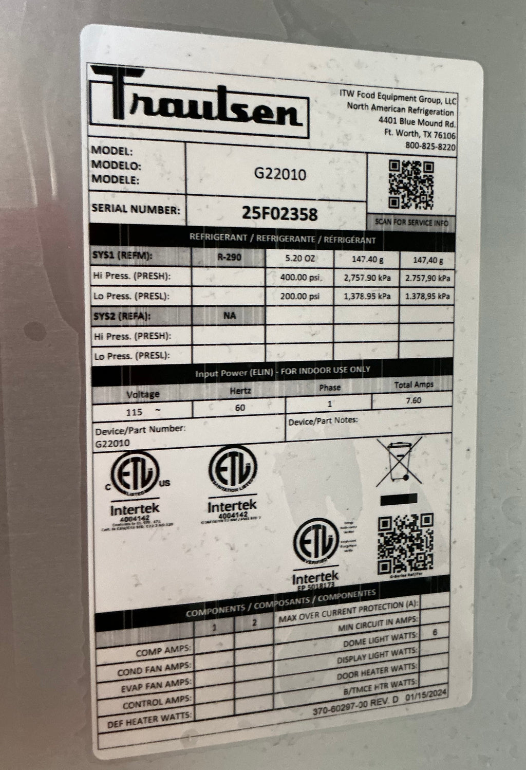 Traulsen G22010 Freezer Upright Two-Door Stainless Steel On Wheels 115V 1 Phase