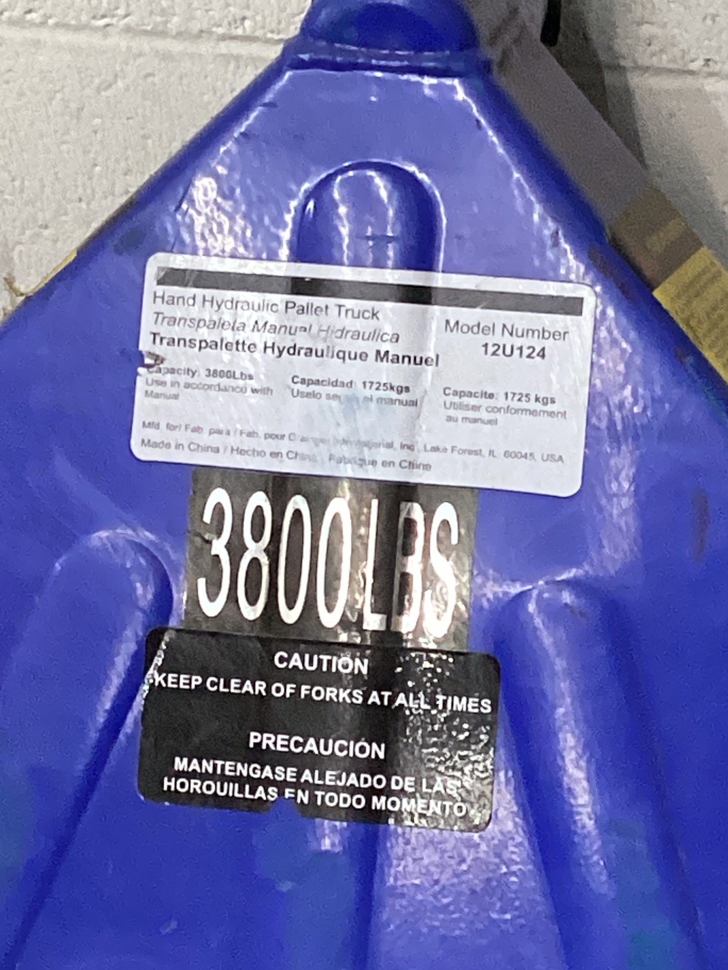 Grainger 12U124 Hand Hydraulic Pallet Truck 3800 LBS Capacity