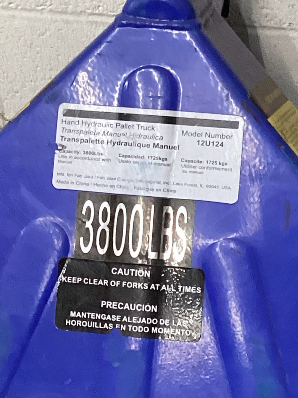 Grainger 12U124 Hand Hydraulic Pallet Truck 3800 LBS Capacity