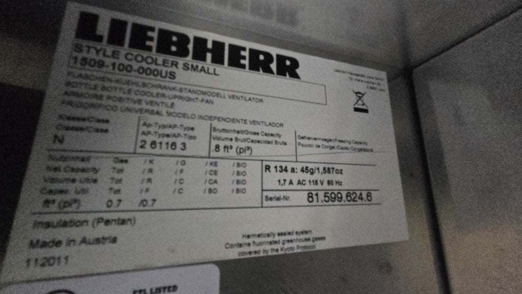 LIEBHERR 1509-100-000US Cooler, Upright Bottle Red Bull Branded 0.7 Cu Ft 115V