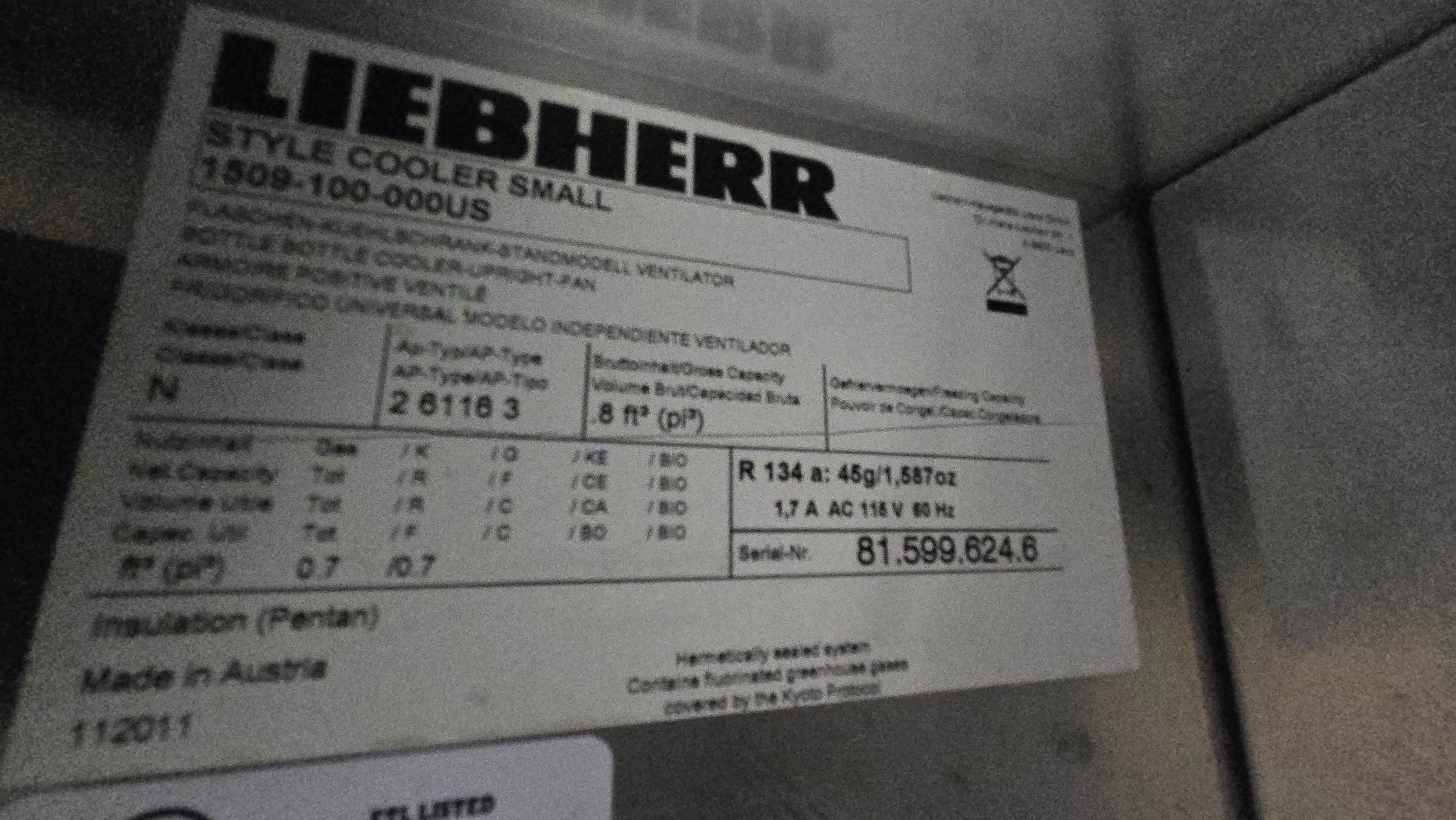 LIEBHERR 1509-100-000US Cooler, Upright Bottle Red Bull Branded 0.7 Cu Ft 115V