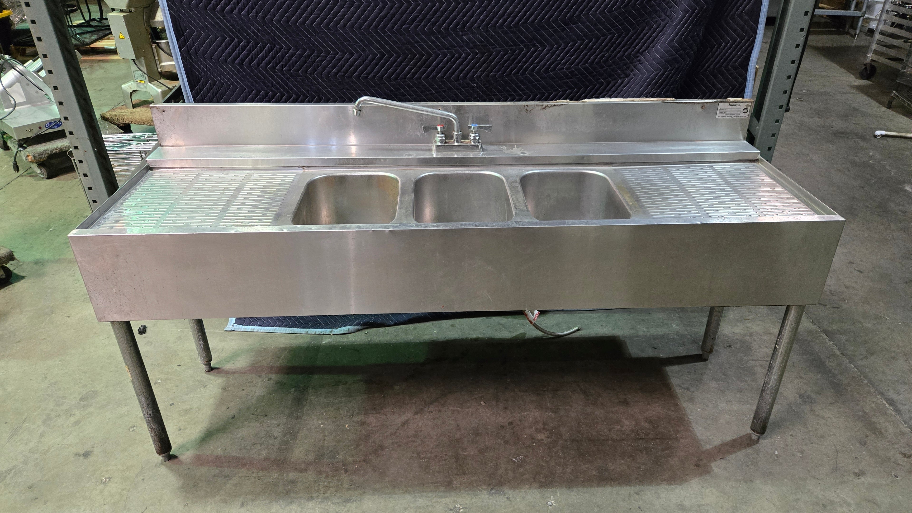 Krowne 22-63C Commercial Sink, Three Compartment, Two Drainboards Stainless Steel, Faucet Included, on Legs
