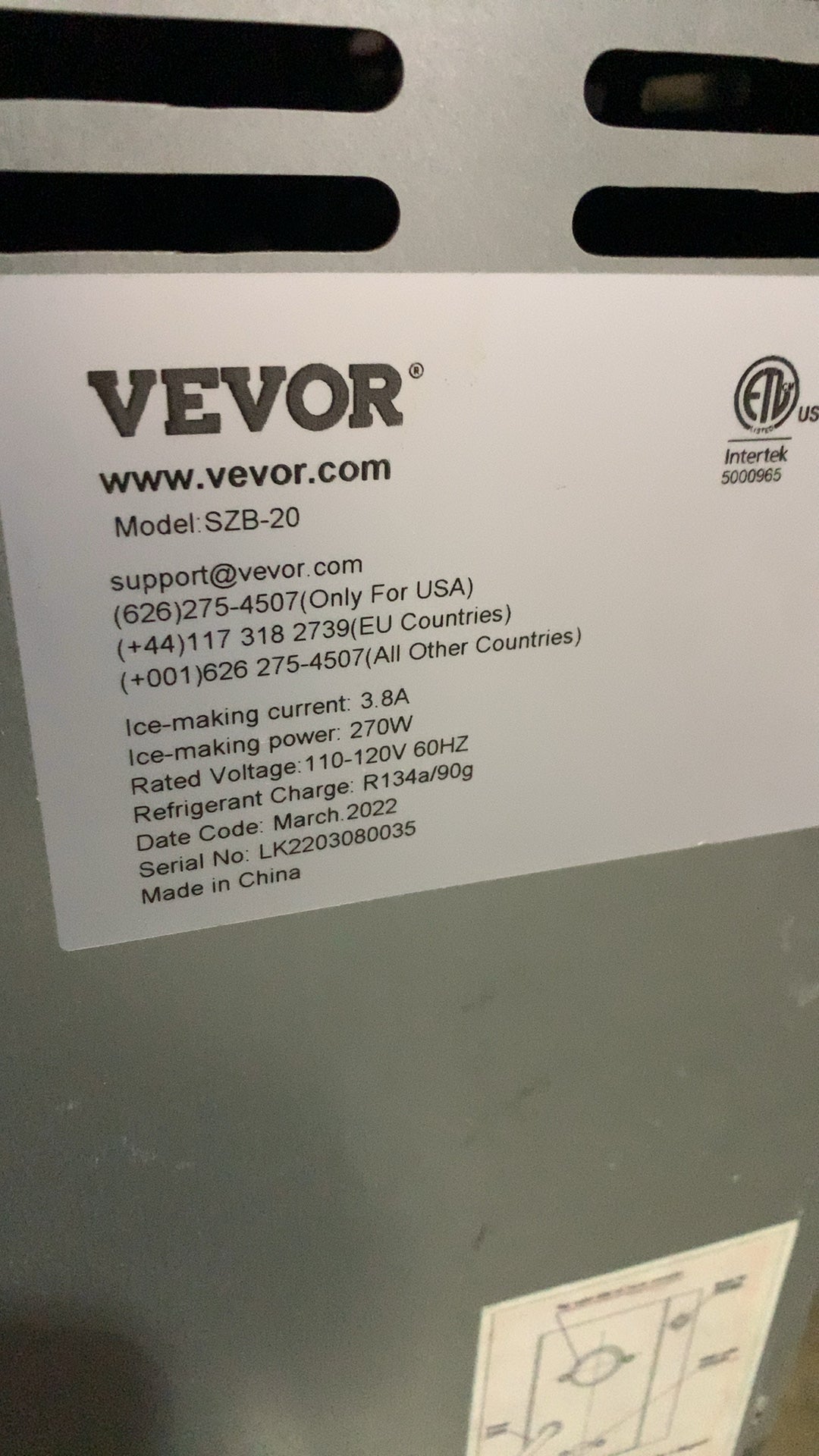 VEVOR SZB-20 Ice Maker, Commercial Freestanding 110-120V 60Hz 270W 3.8A