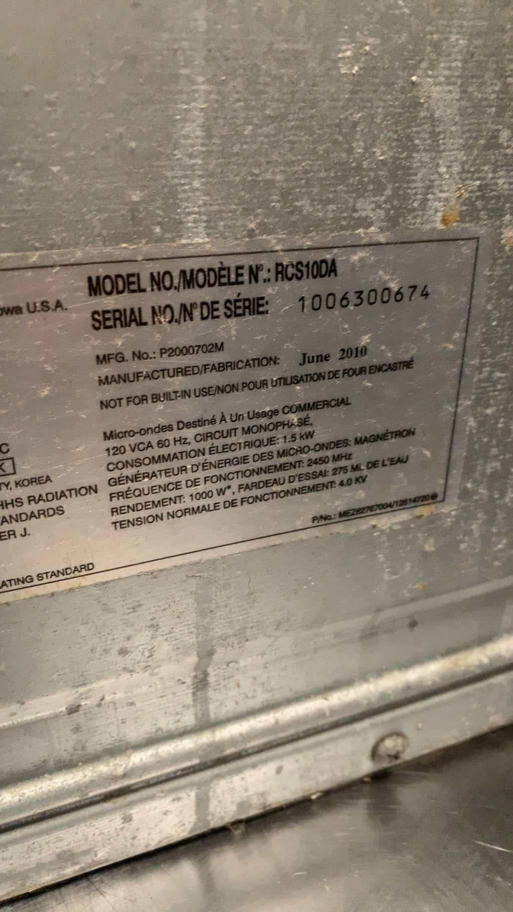 ACP Amana RCS10DA Microwave Oven, Commercial 1000 Watt 120V