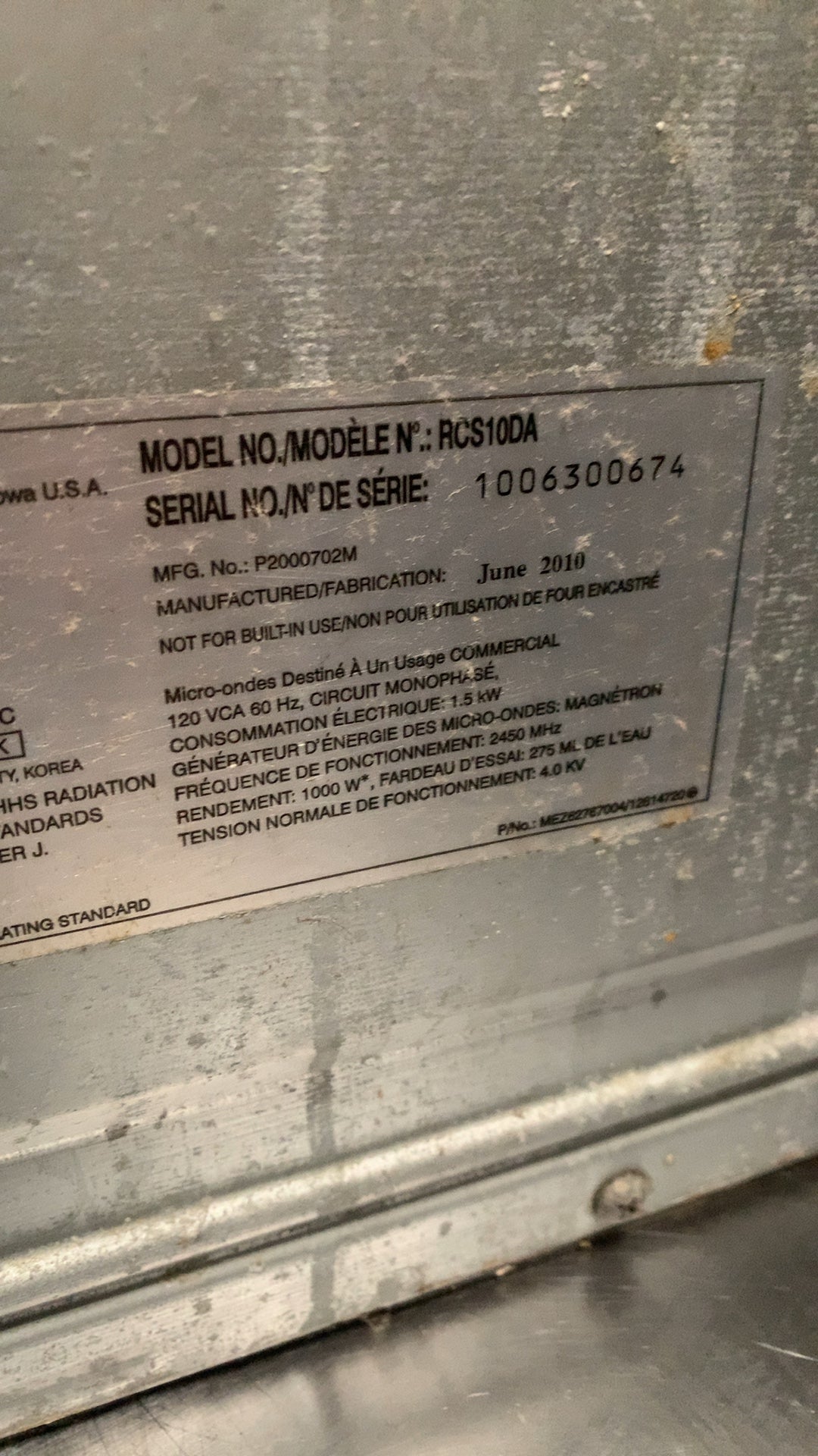 ACP Amana RCS10DA Microwave Oven, Commercial 1000 Watt 120V