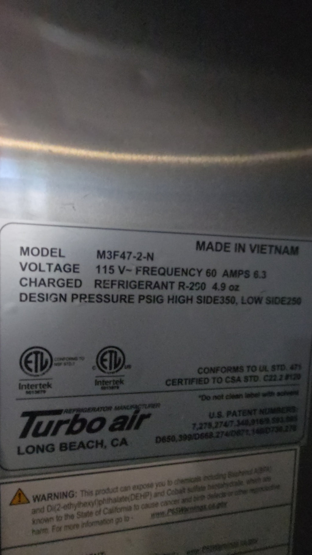 Turbo Air M3F47-2-N Reach-In Refrigerator, Two-Door Upright Stainless Steel 115V