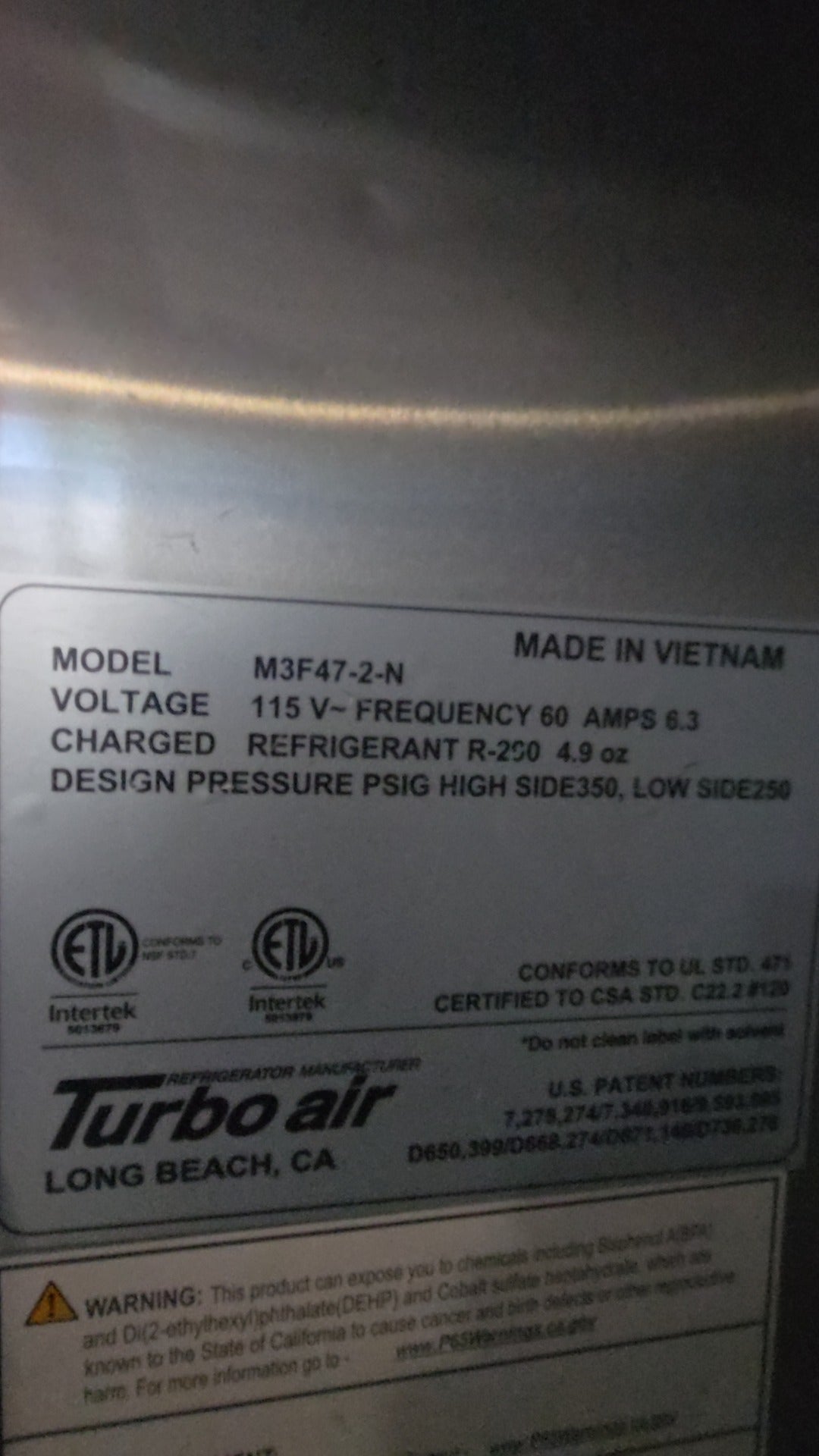 Turbo Air M3F47-2-N Reach-In Refrigerator, Two-Door Upright Stainless Steel 115V