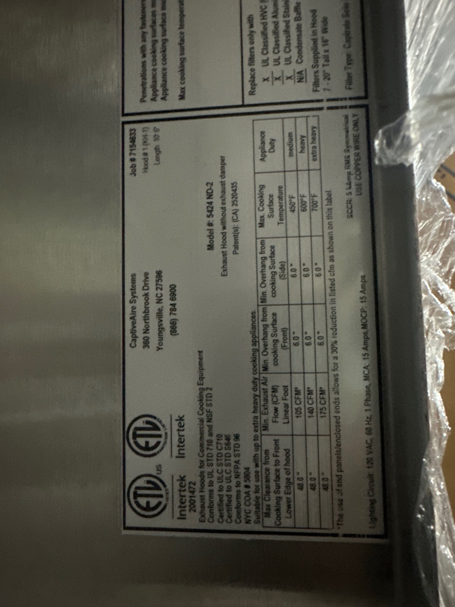 Captive Aire Hood 5424ND-2-PSP-F 10.5' Wide Hood System With Control