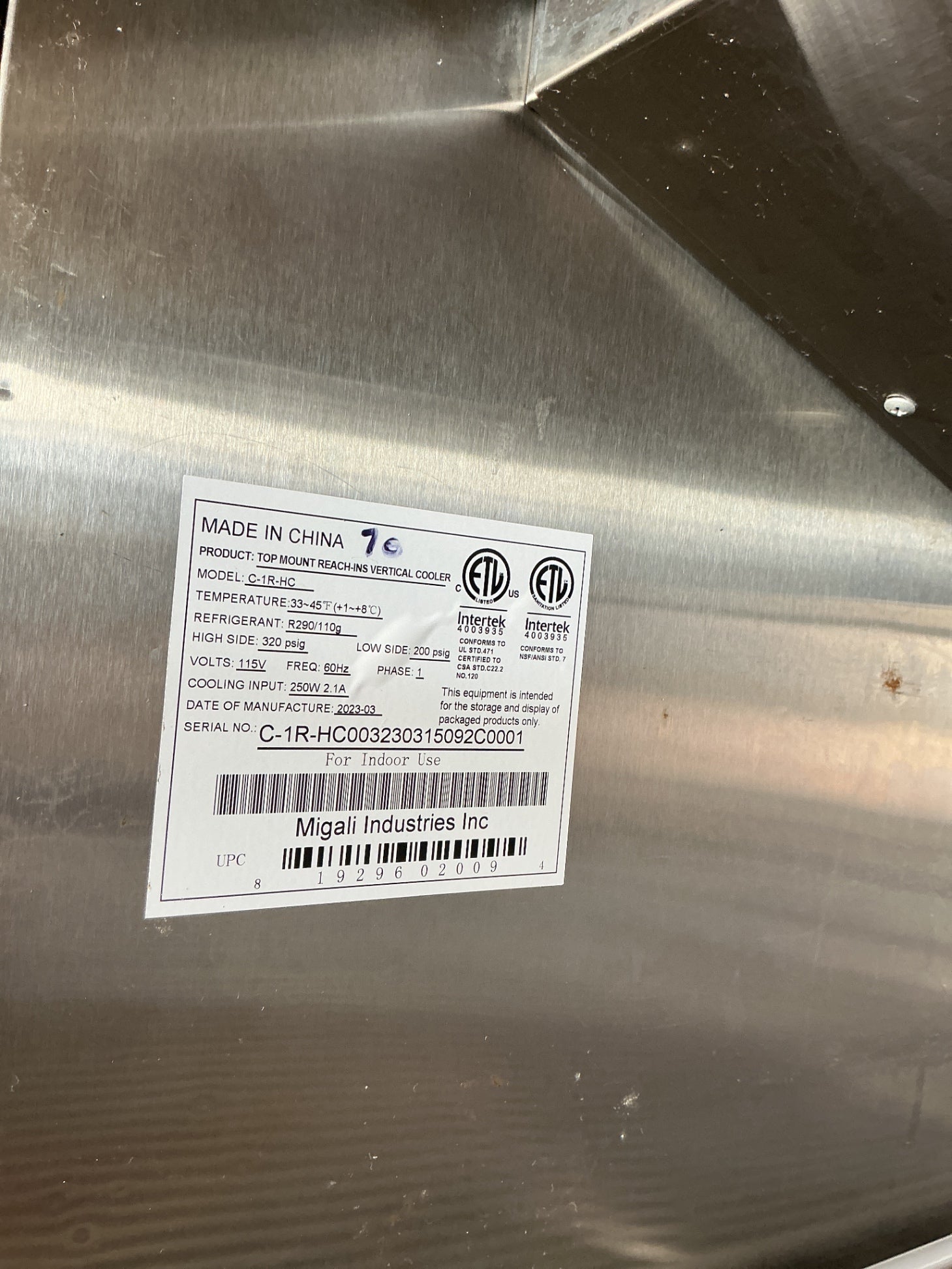 Migali C-1R-HC Top Mount Reach-Ins Vertical Cooler