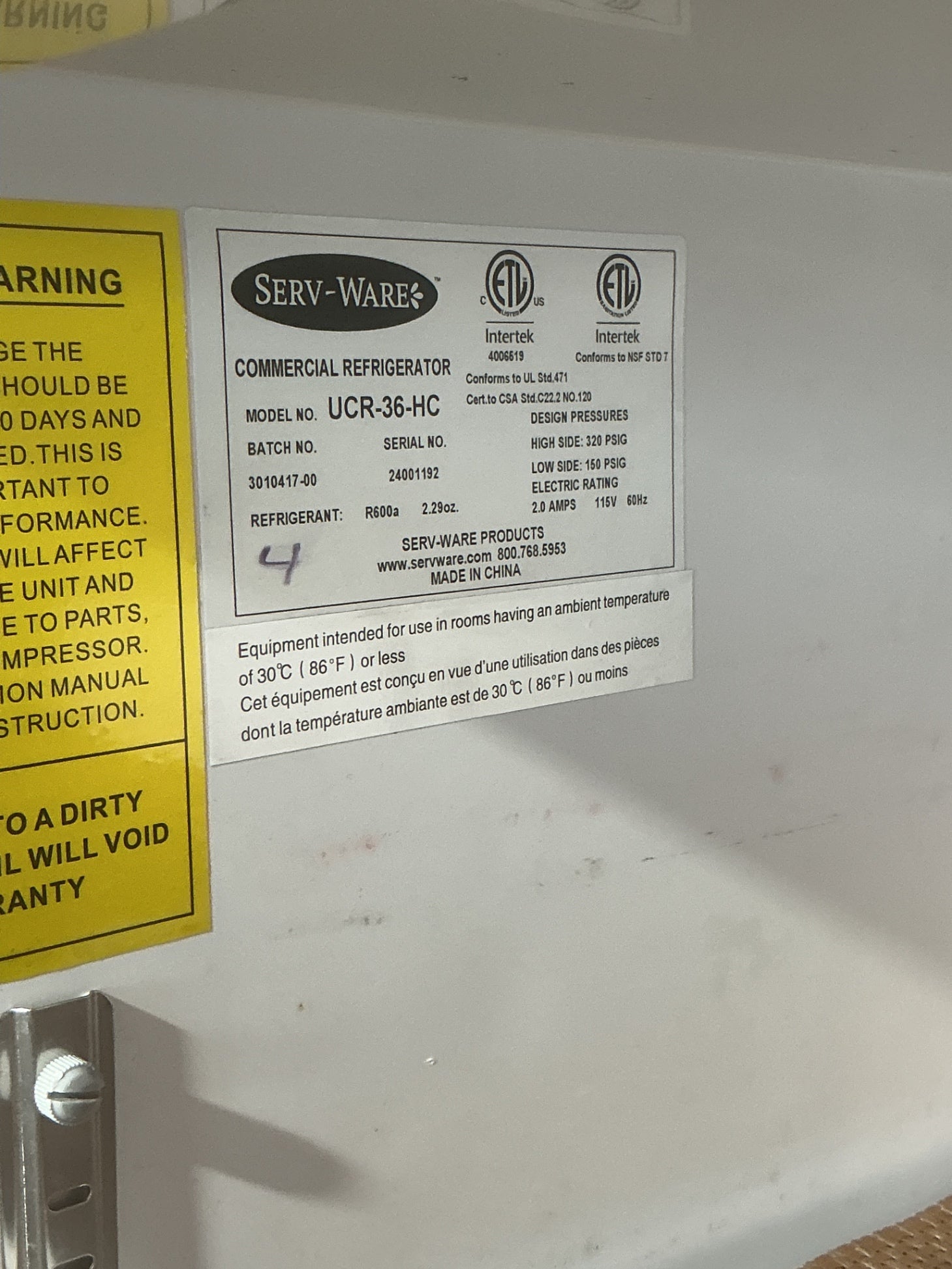 Serv-ware UCR-36-HC Commercial Refrigerator