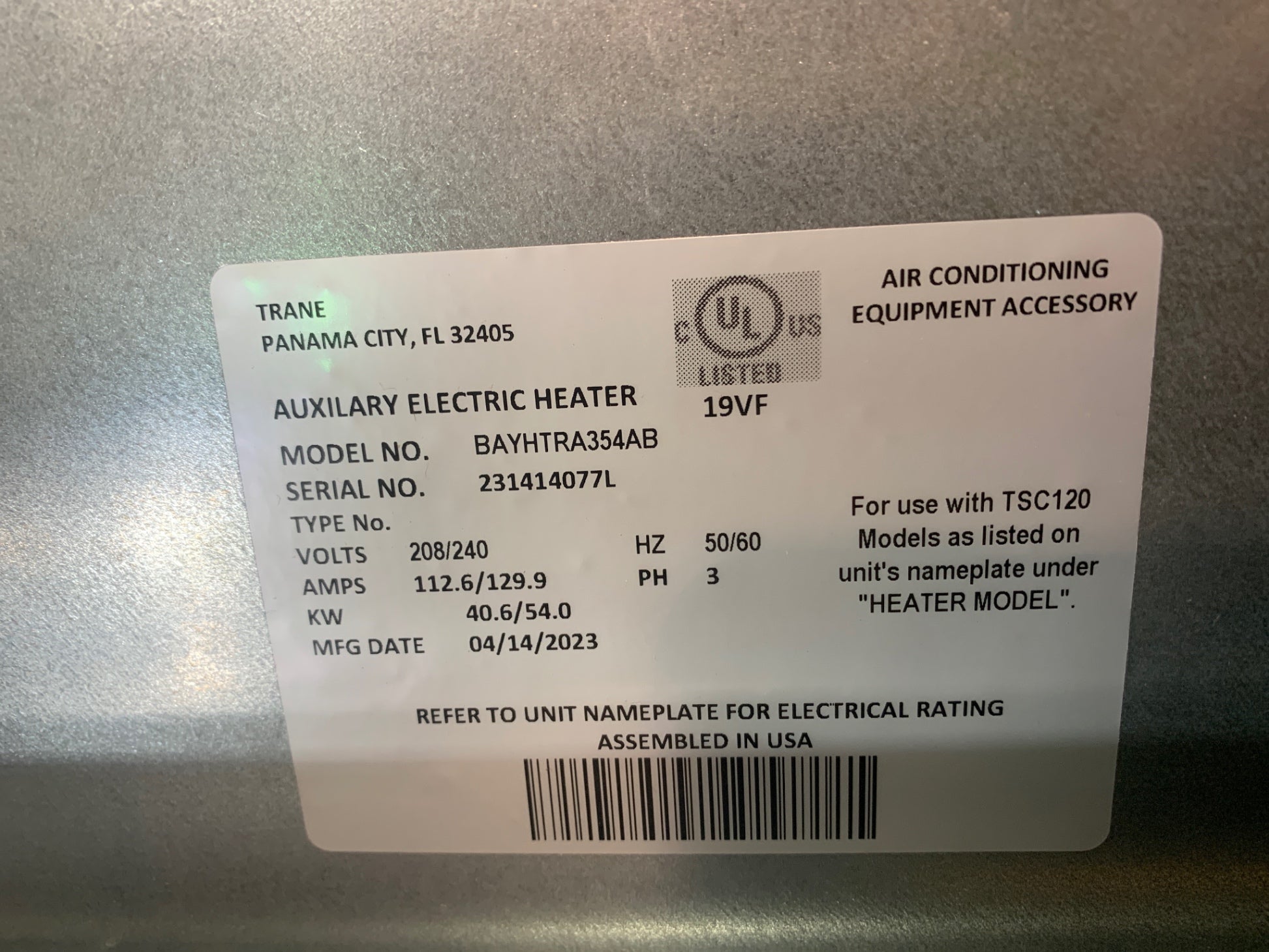 Trane BAYHTRA354AB Electric Heating Unit