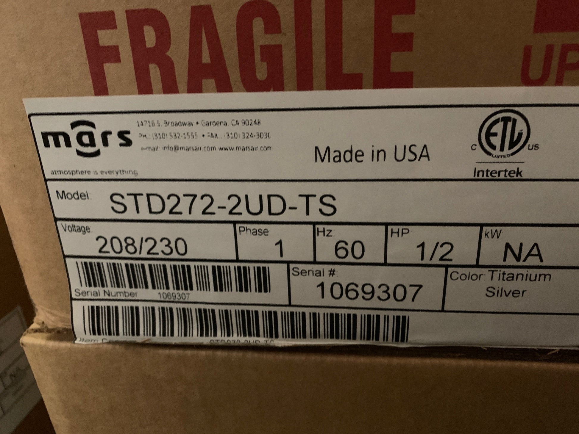 New Mars Air System STD272-2UD-TS Air Curtain Motor
