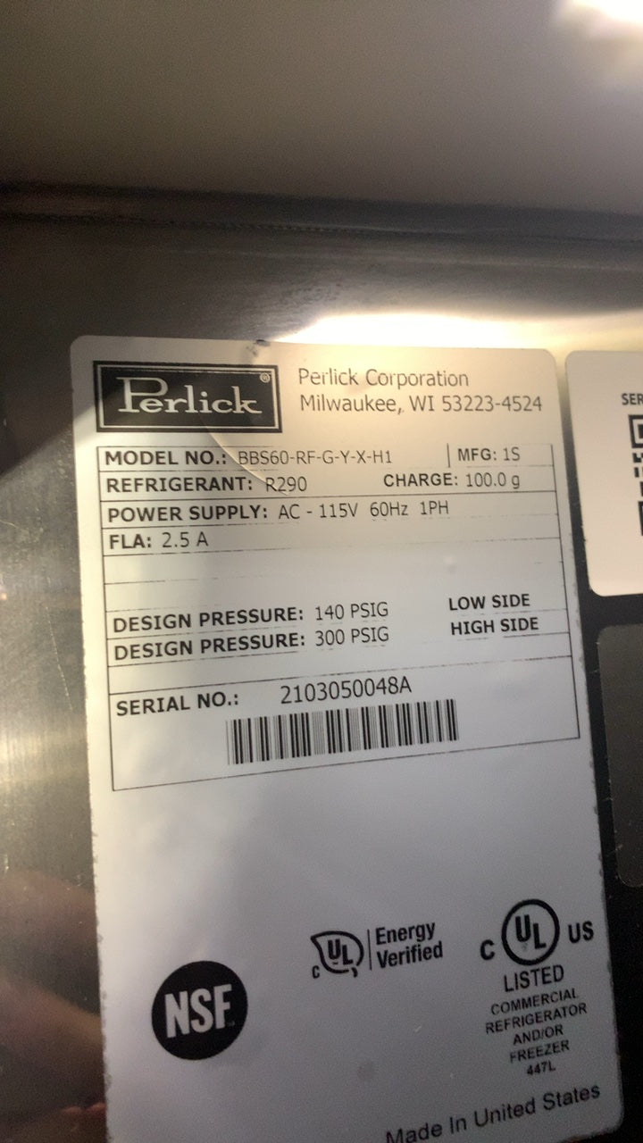Perlick BBS60-RF-G-Y-X-H1 Back Bar Refrigerator, Under Counter 2 Glass Swing Doors Stainless Steel Front Breathing