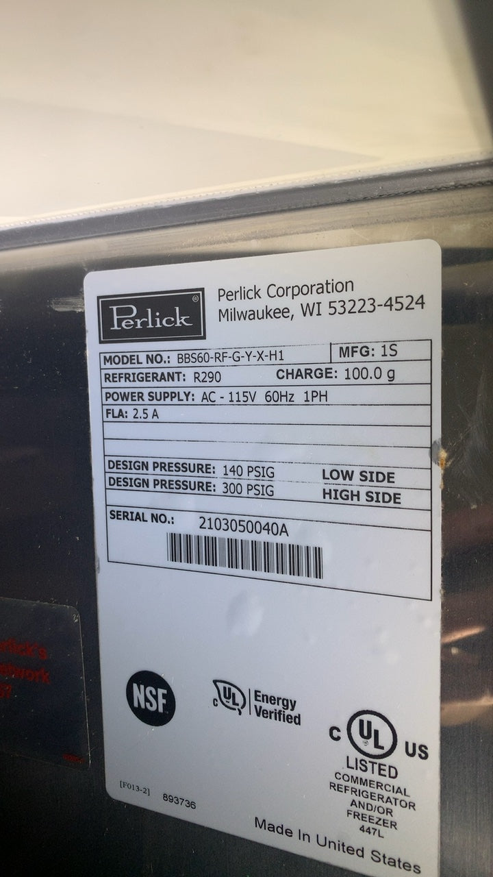 Perlick BBS60-RF-G-Y-X-H1 Backbar Refrigerator, Under Counter Two Glass Doors, Stainless Steel, 115V