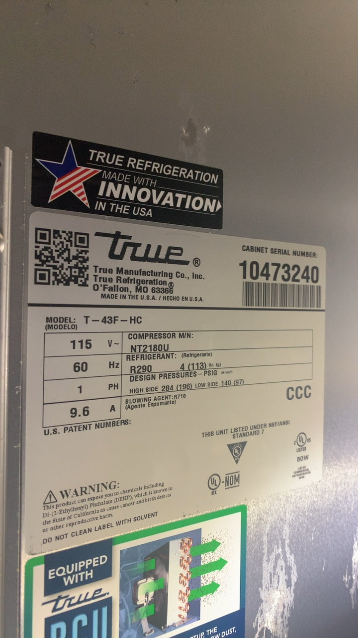 True T-49F-HC Commercial Freezer, Upright 2 Solid Swing Doors, Bottom Mount Compressor, R290 Refrigerant, 115V, 1 Phase, 9.6 Amps