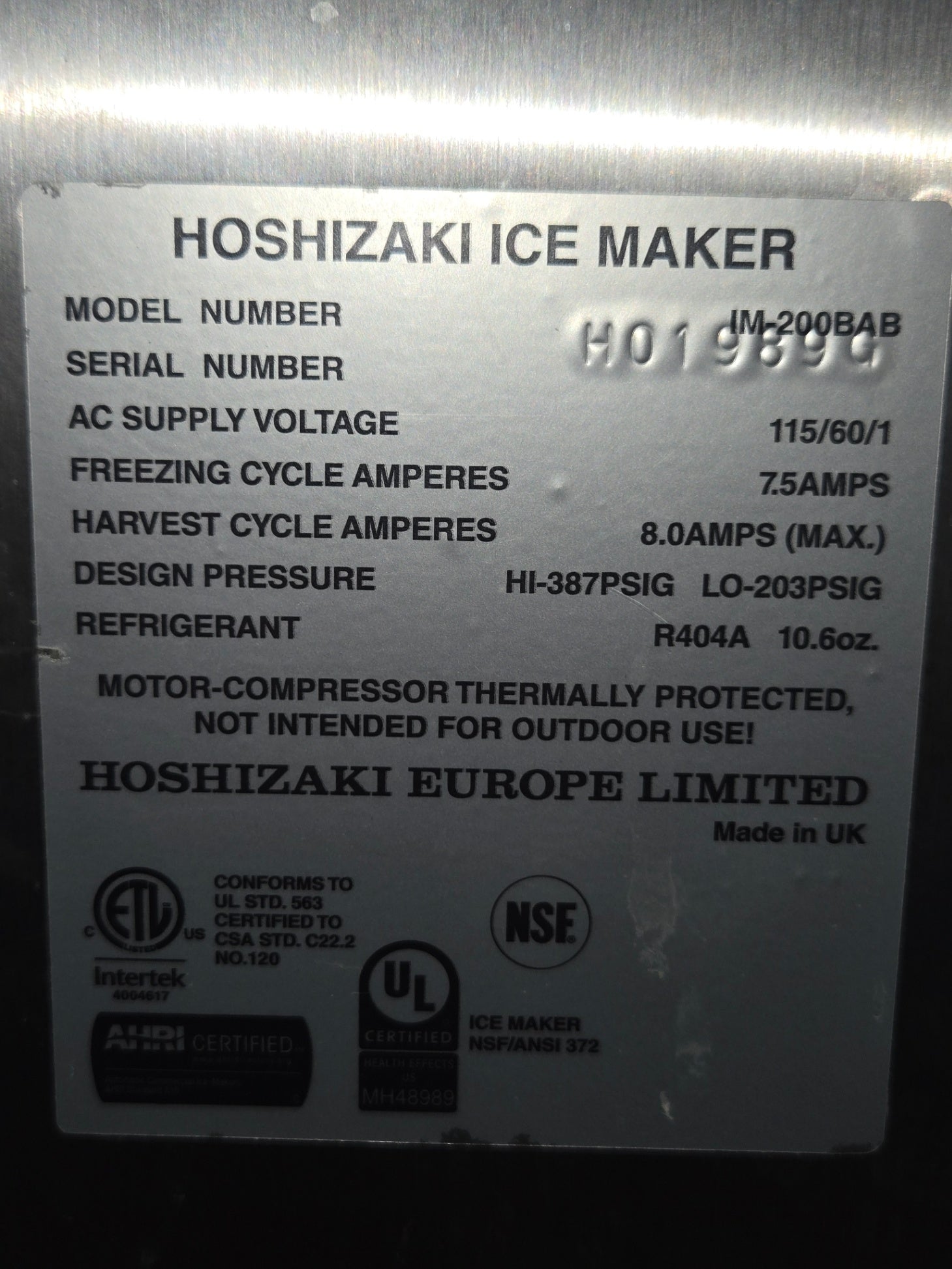 Hoshizaki Commercial Undercounter Ice Machine With A Stainless Steel Finish