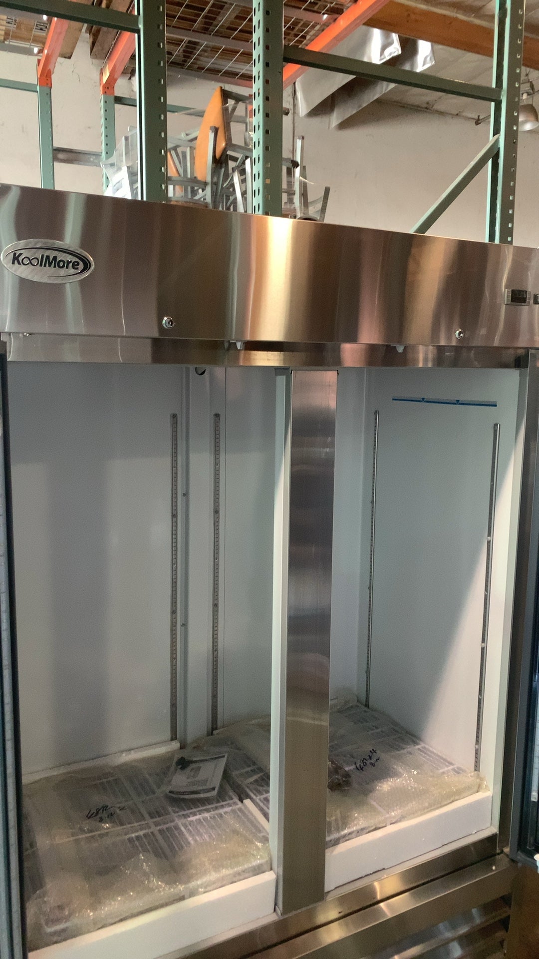 KoolMore KM-RIC-2DGD Refrigerator, Merchandiser 2 Glass Doors, Stainless Steel Exterior, Digital Temperature Control, On Casters