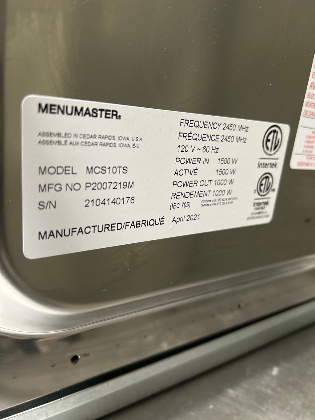 MenuMaster/Amana MCS10TS Medium-Volume Commercial Microwave Oven