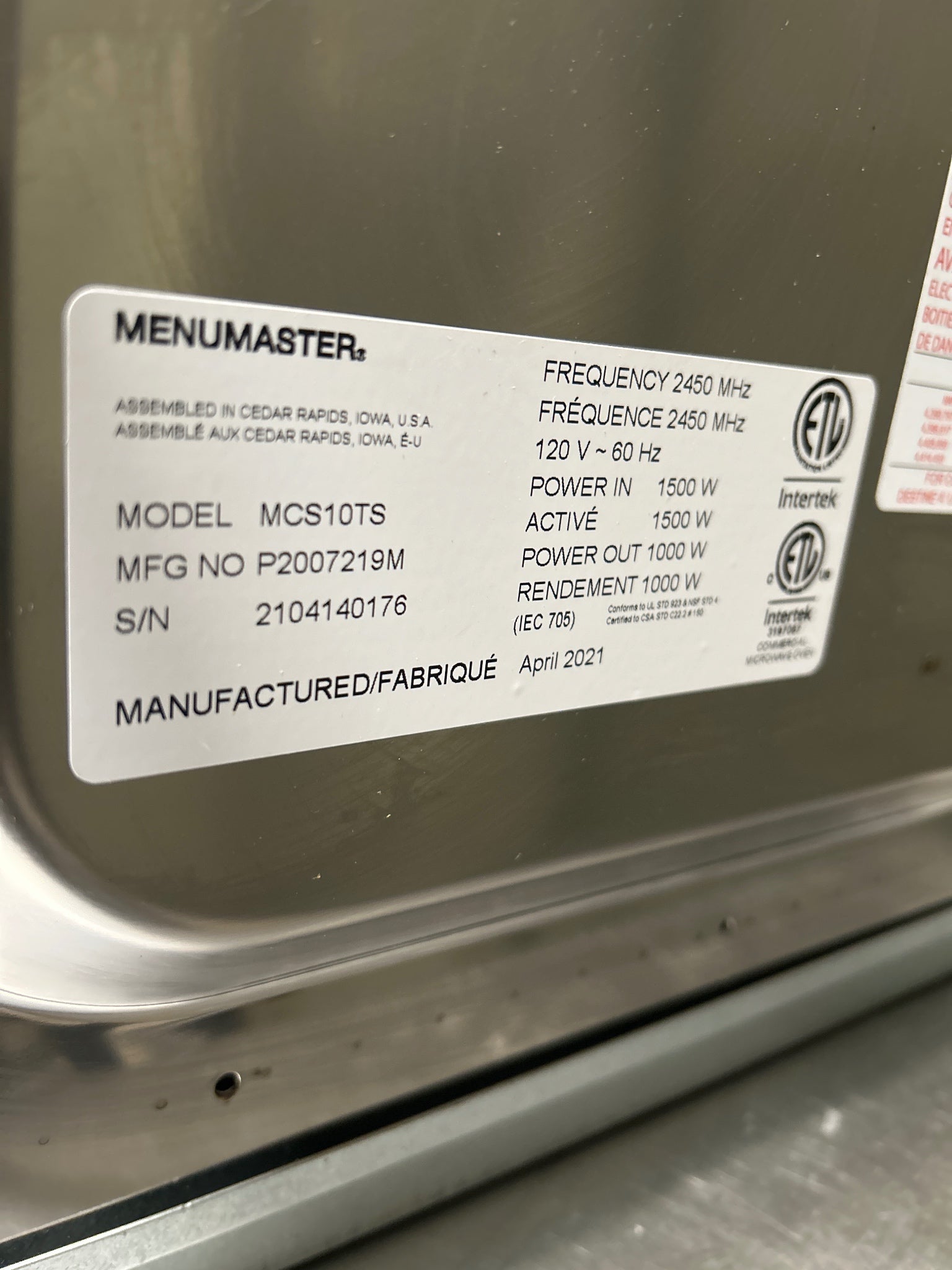 MenuMaster/Amana MCS10TS Medium-Volume Commercial Microwave Oven