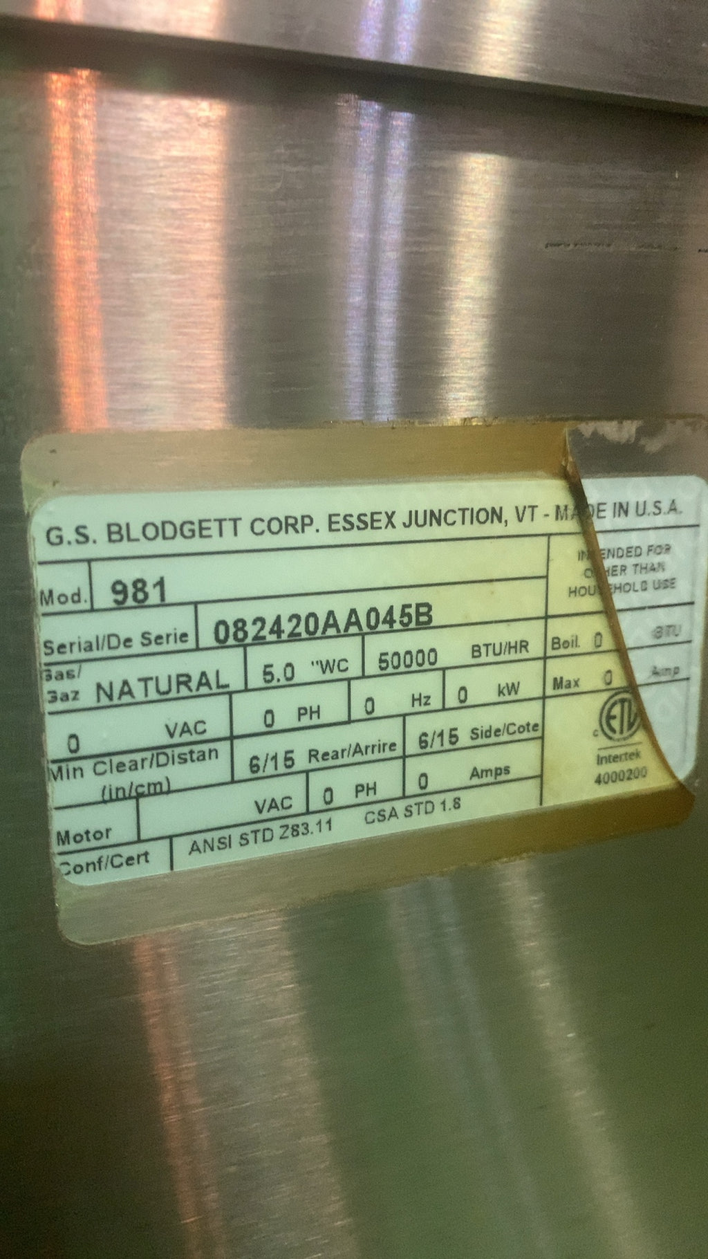Blodgett 981 Deck Oven, Double Stacked, Natural Gas 6 Drawers, 50,000 BTU/Hr Each, On Casters, Stainless Steel