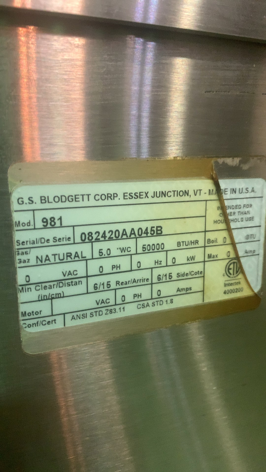 Blodgett 981 Deck Oven, Double Stacked, Natural Gas 6 Drawers, 50,000 BTU/Hr Each, On Casters, Stainless Steel