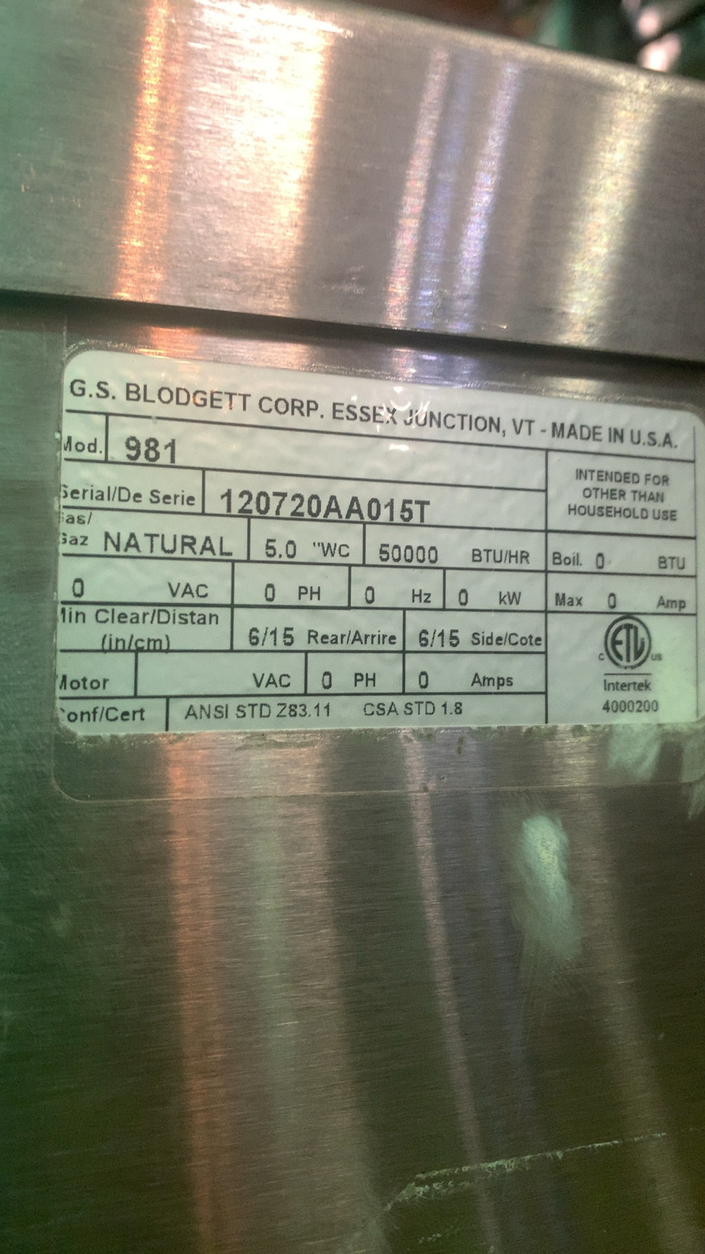 Blodgett 981 Deck Oven, Double Stacked, Natural Gas 6 Drawers, 50,000 BTU/Hr Each, On Casters, Stainless Steel