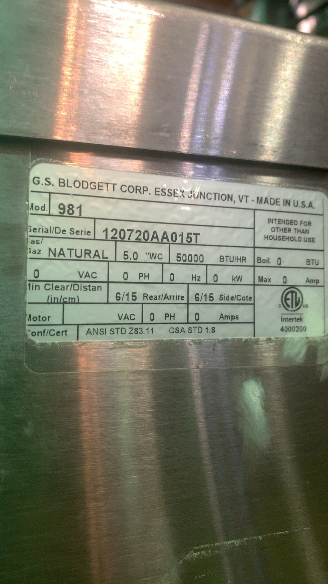 Blodgett 981 Deck Oven, Double Stacked, Natural Gas 6 Drawers, 50,000 BTU/Hr Each, On Casters, Stainless Steel