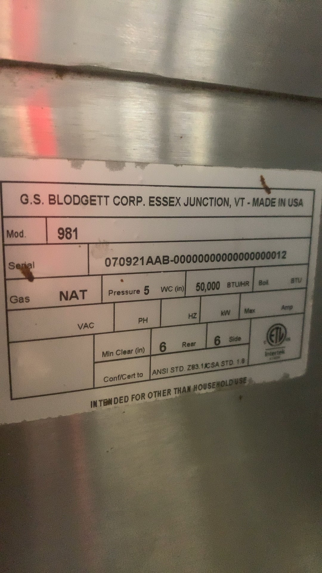 Blodgett 981 Deck Oven, Double Stacked, Natural Gas 6 Drawers, 50,000 BTU/Hr Each, On Casters, Stainless Steel