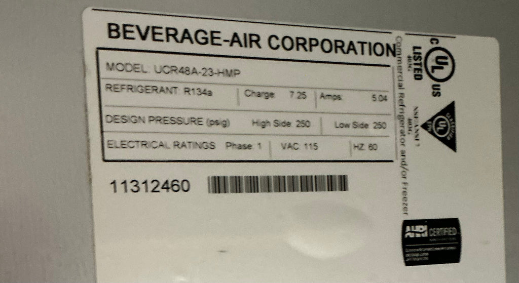 BEVERAGE-AIR UCR48A-23-HMP Refrigerator, Under Counter 2 Swing Doors Stainless Steel 115 VAC