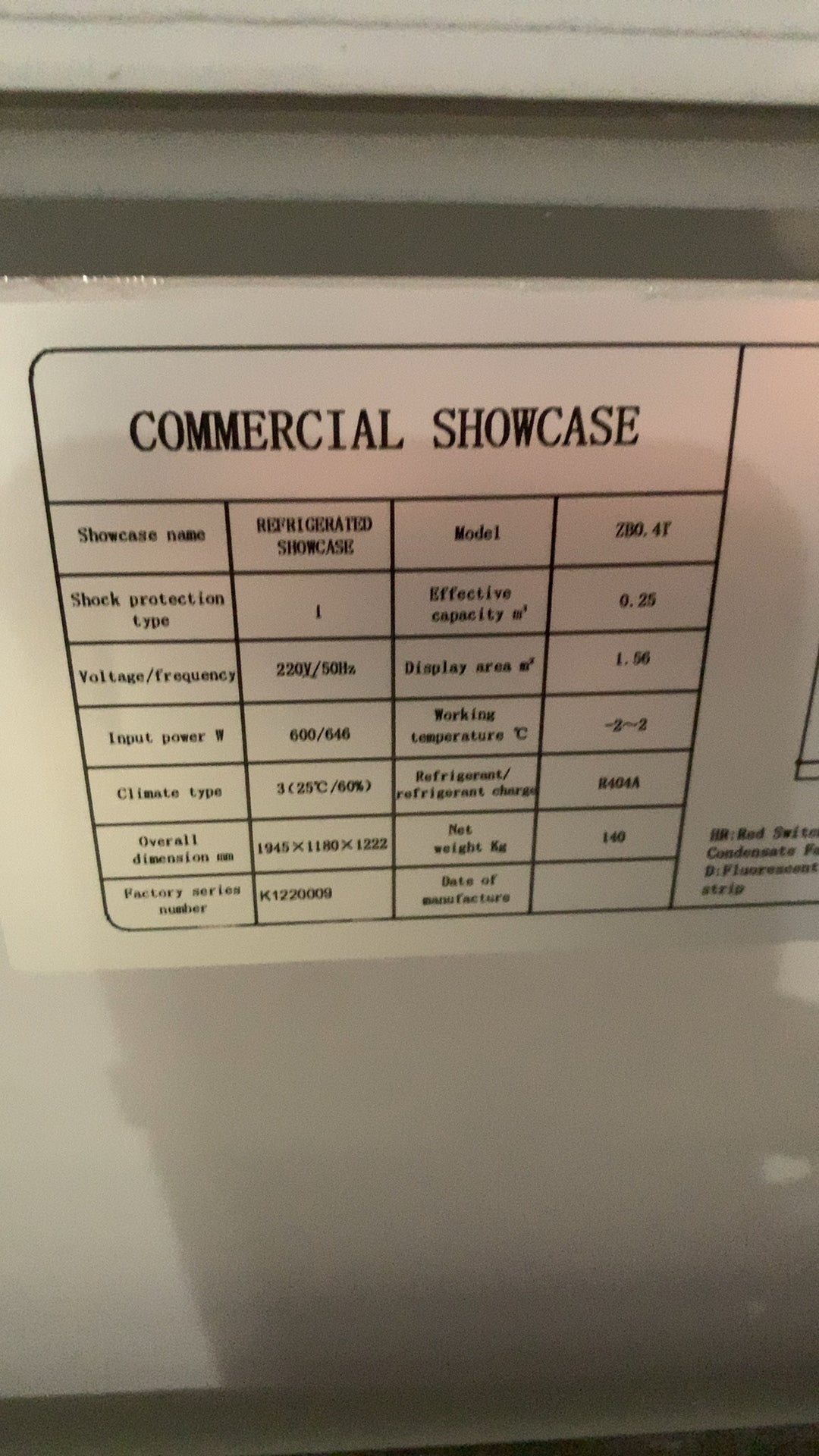 ZBG.4T Commercial Refrigerated Showcase Sloped Glass Front, R404A Refrigerant