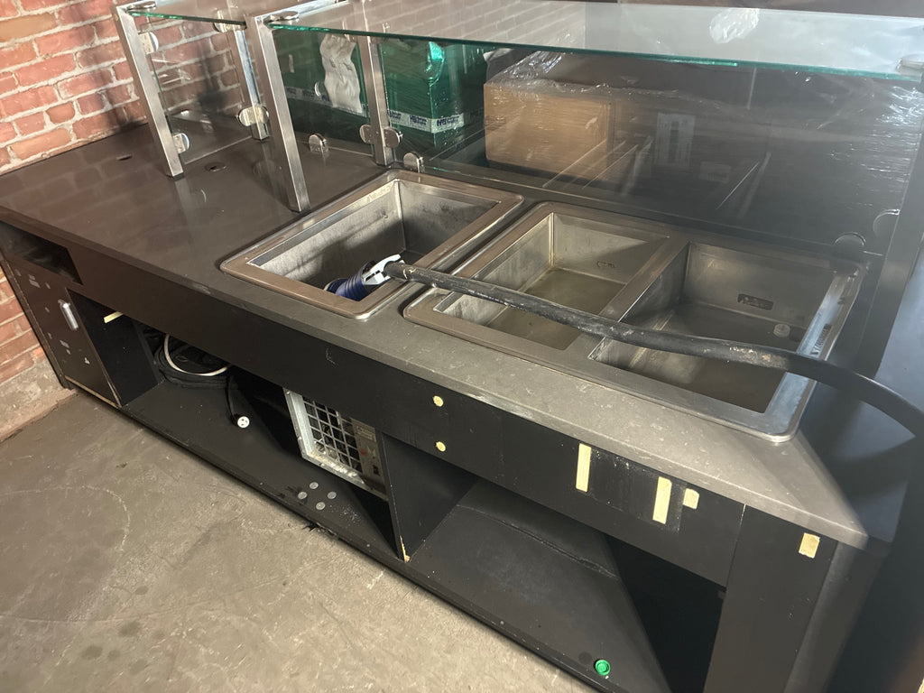 Partners By Design 01-02062528 Action Station, 2 Hot Wells, 1 Cold Well, Sneeze Guard W/ Register Station, Under Storage, Mobile