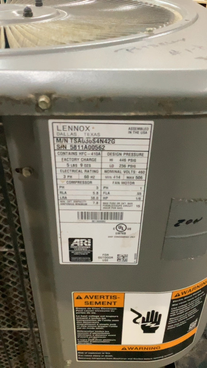 LENNOX TSA036S4N42G Air Conditioner Condensing Unit, Outdoor 460V 3 Phase