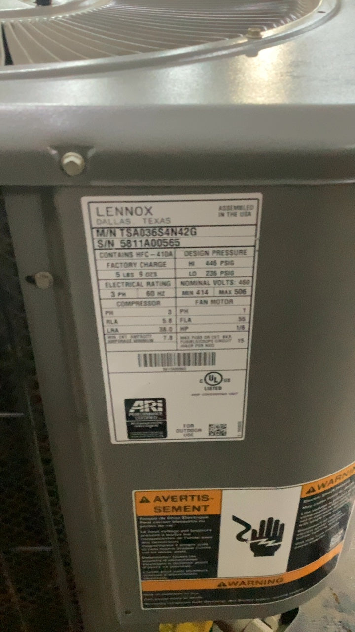 LENNOX TSA036S4N42G Air Conditioner, Outdoor Condensing Unit 460V 3 Phase
