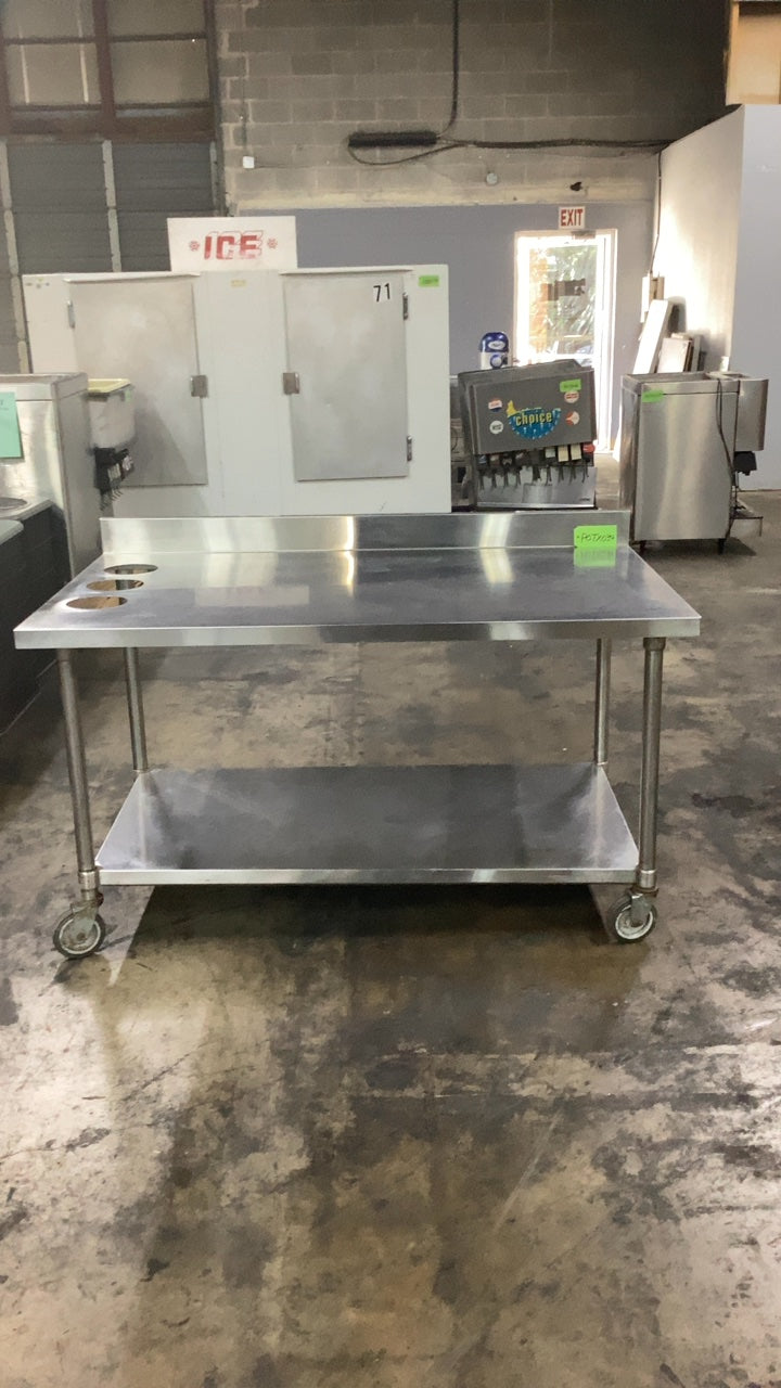 SWT-TW-6030C Prep Table, Mobile, Stainless Steel Three Circular Cutouts, Bottom Shelf