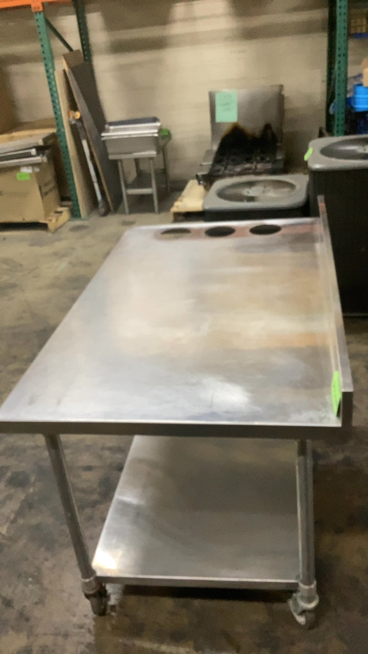 SWT-TW-6030C Prep Table, Mobile, Stainless Steel Three Circular Cutouts, Bottom Shelf