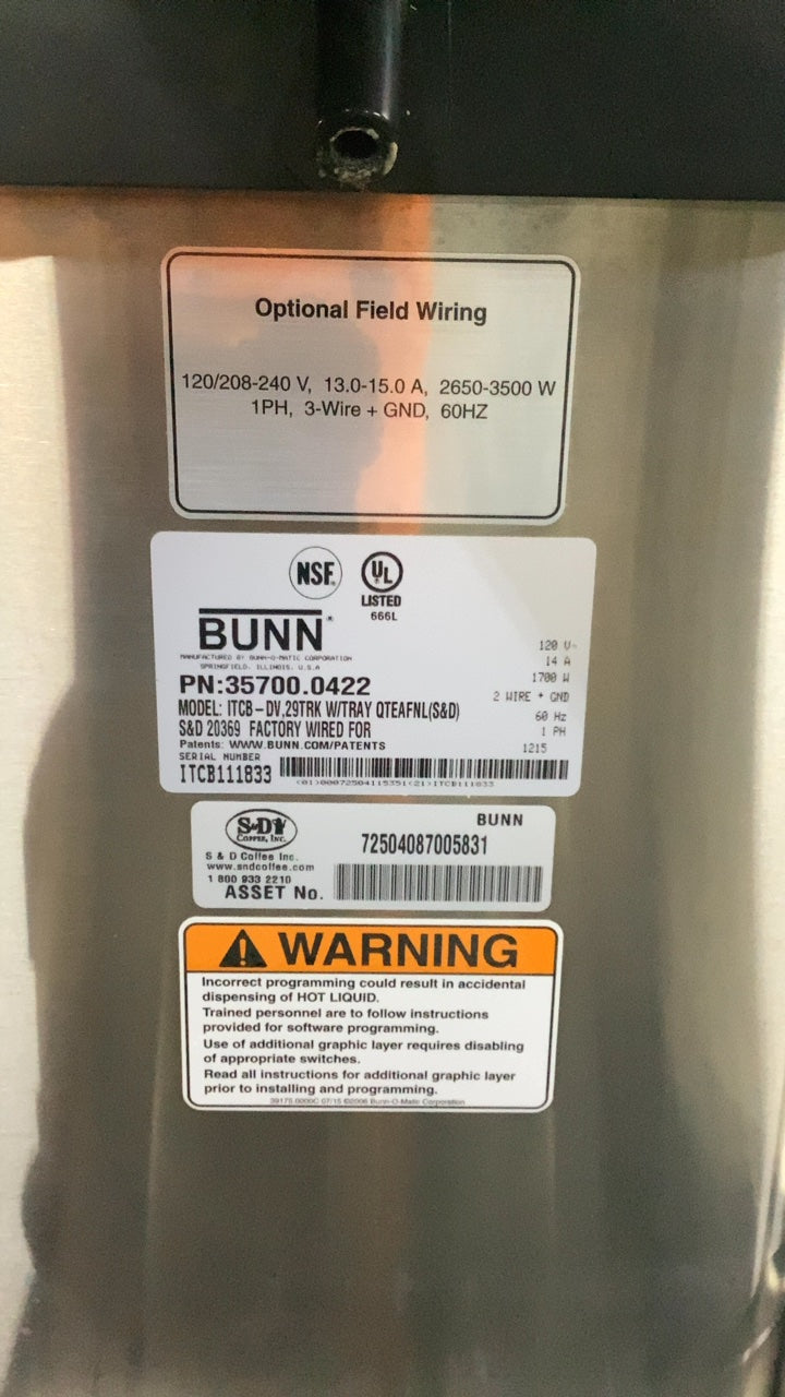 BUNN ITCB-DV 29TRK W/TRAY QTEAFNL Coffee Brewer, Commercial Infusion Stainless Steel Digital Control