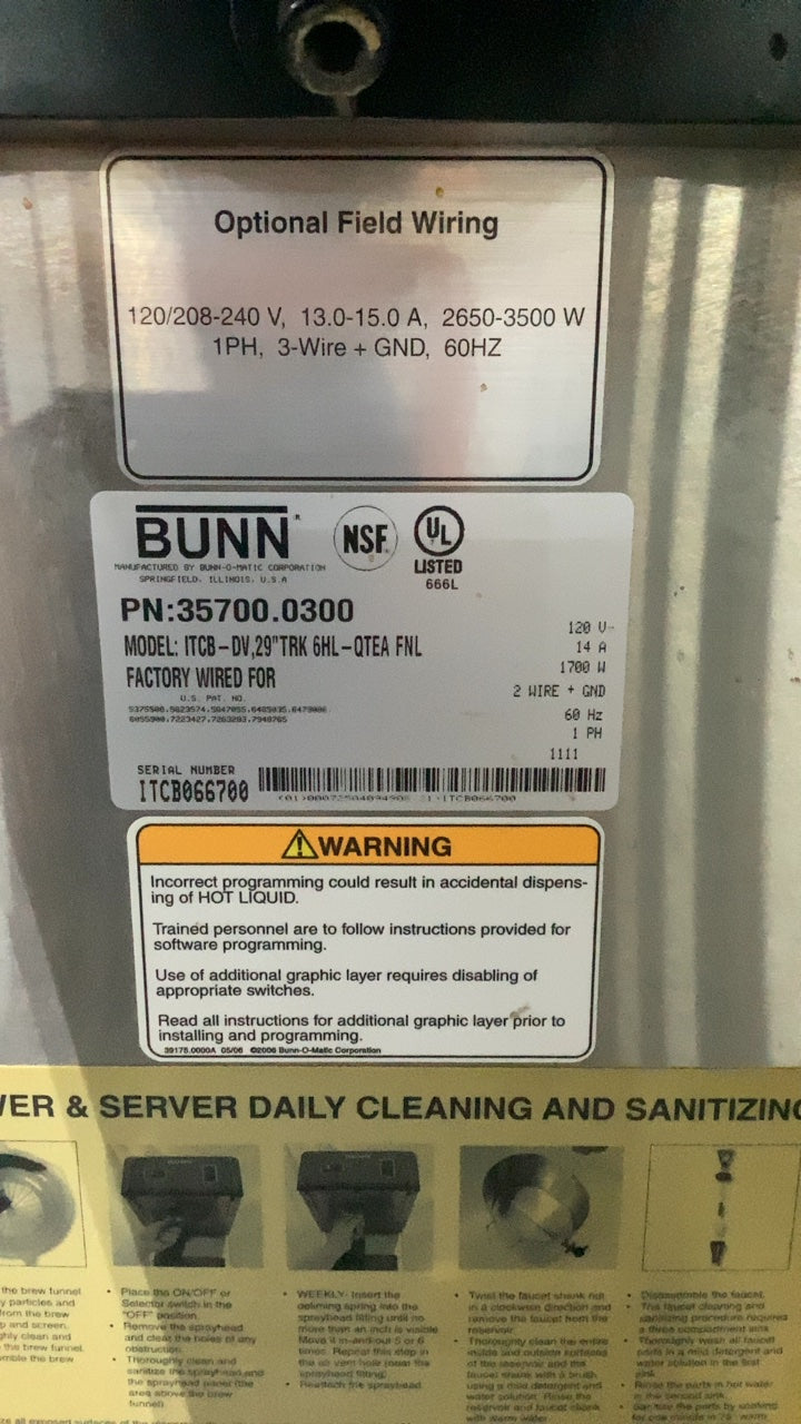 BUNN ITCB-DV.29" TRK 6HL-QTEA FNL Coffee Brewer, Infusion Series Digital Tall Trunk 120V Electric