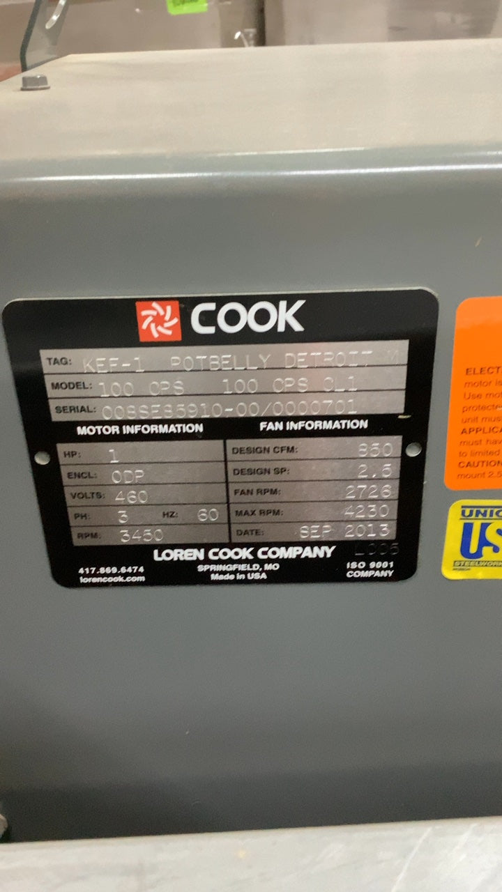 Loren Cook Company 100 OPS Exhaust Fan, Commercial Kitchen 1 HP 460V 3 Phase