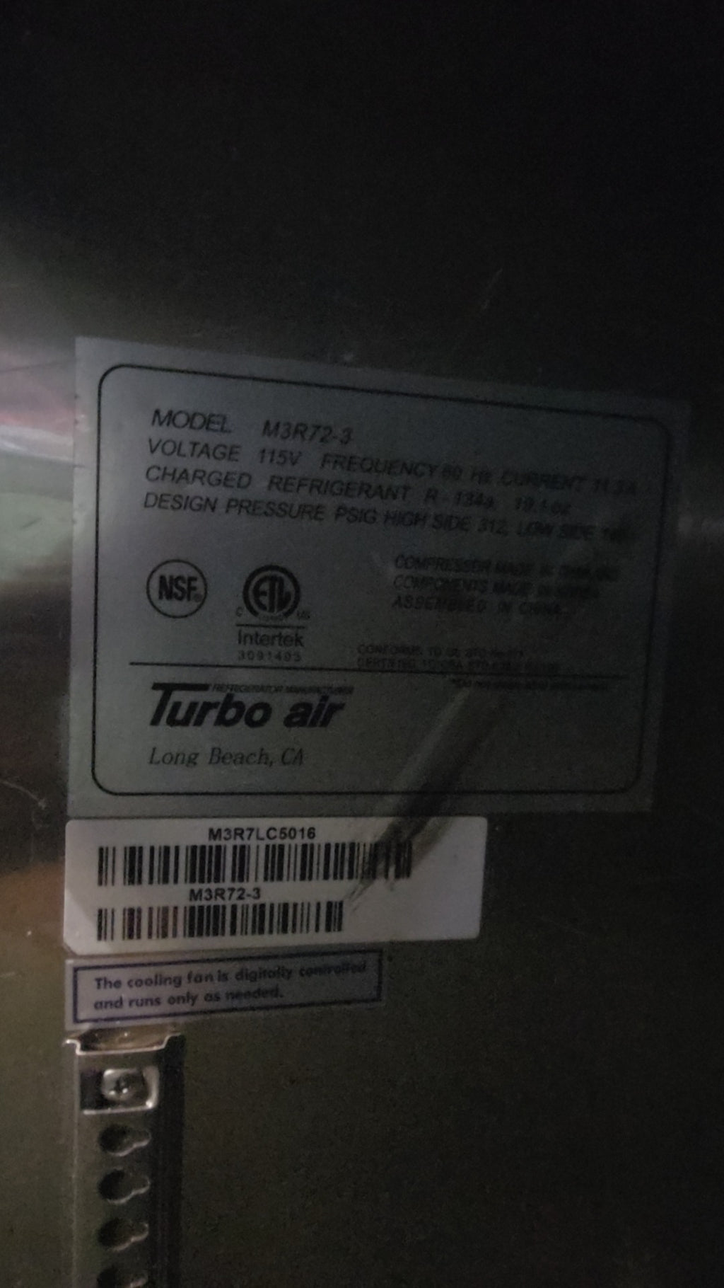 Turbo Air M3R72-3 Refrigerator, Reach-In Three-Door Stainless Steel 115V Electrical