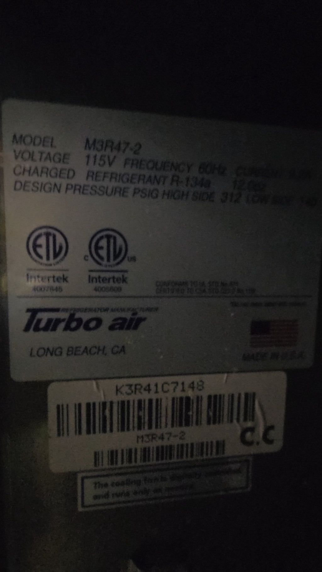 Turbo Air M3R47-2 Refrigerator, Upright Two Solid Doors Stainless Steel Top Mounted Compressor