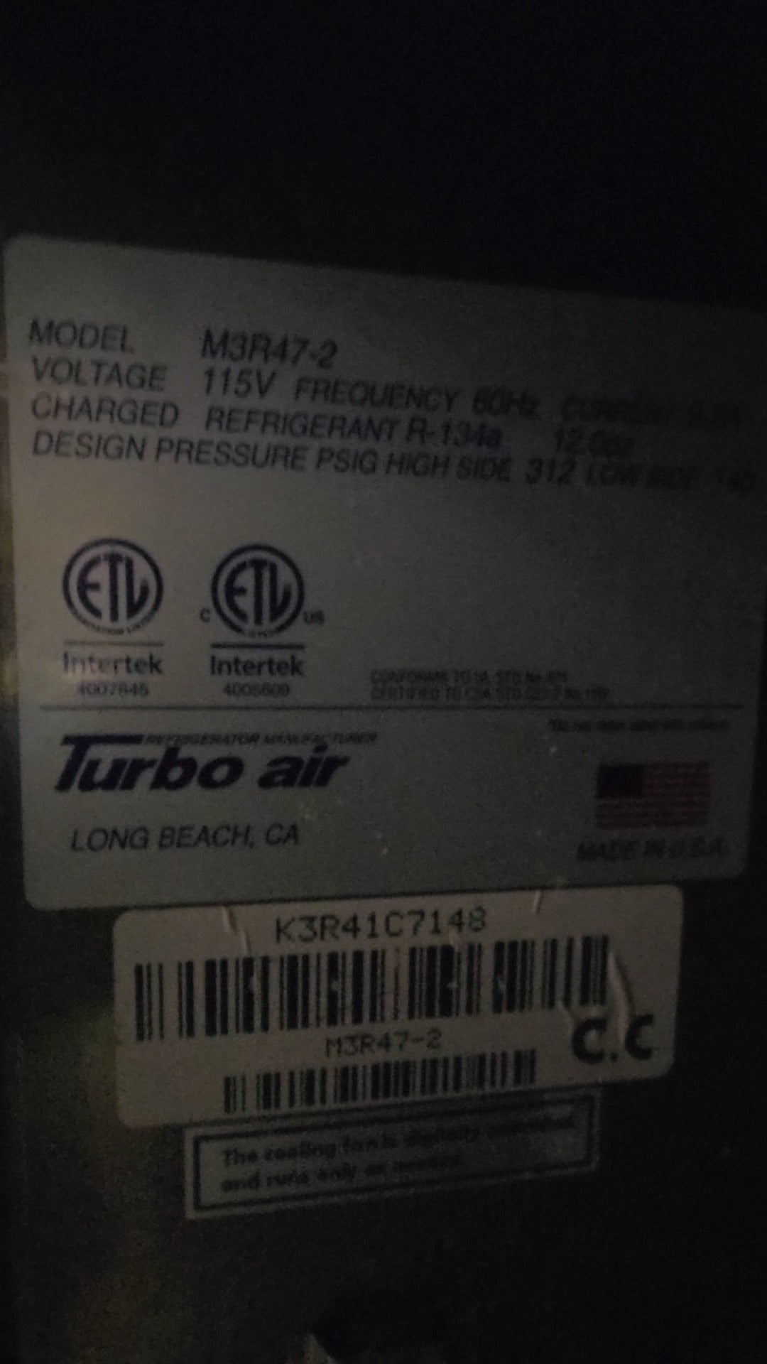 Turbo Air M3R47-2 Refrigerator, Upright Two Solid Doors Stainless Steel Top Mounted Compressor