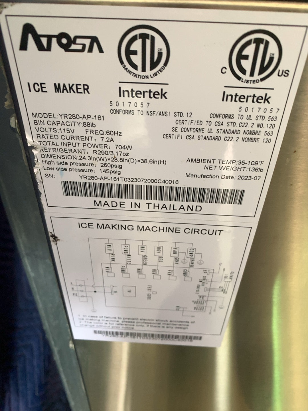 ATOSA YR280-AP-161 Ice Maker, Self-Contained 88 lb Bin Capacity 115V Stainless Steel Exterior