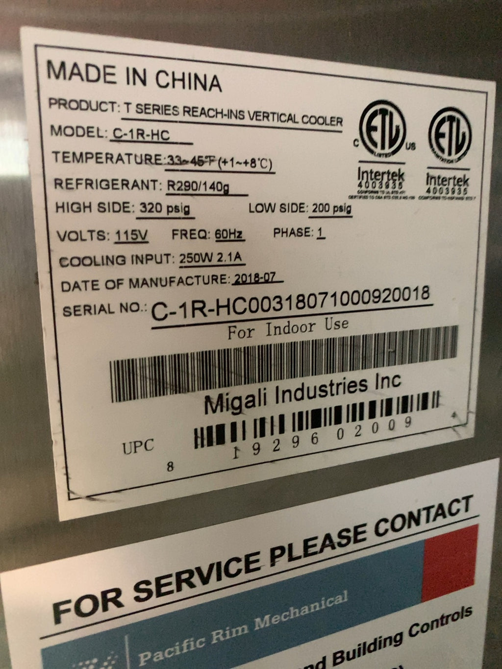 Migali Industries Inc C-1R-HC Reach-In Cooler, Vertical 1 Solid Door, Stainless Steel, Digital Control, On Casters
