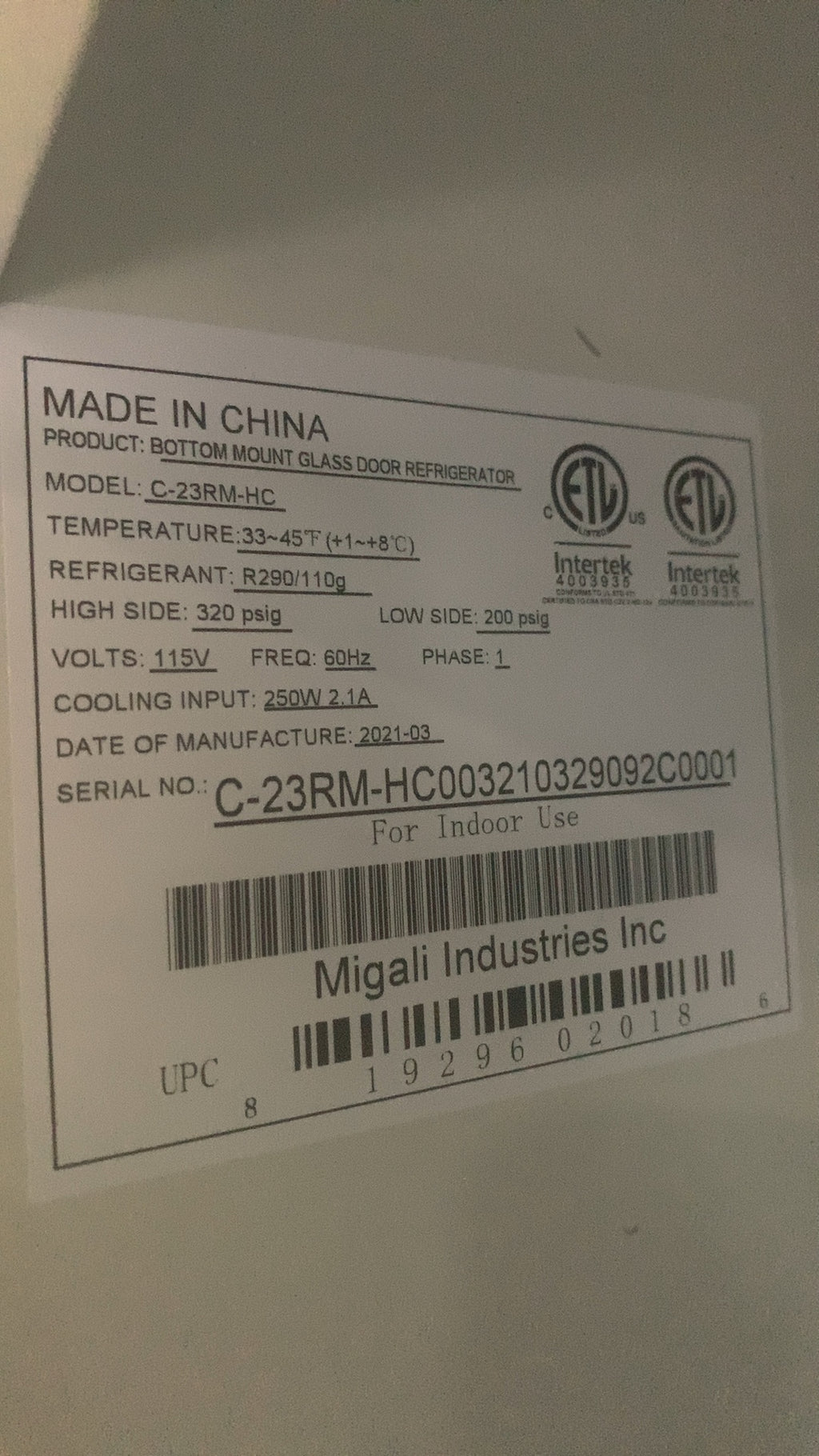 Migali C-23RM-HC Refrigerator, Bottom Mount Glass Door Upright 115V Single Swing Door