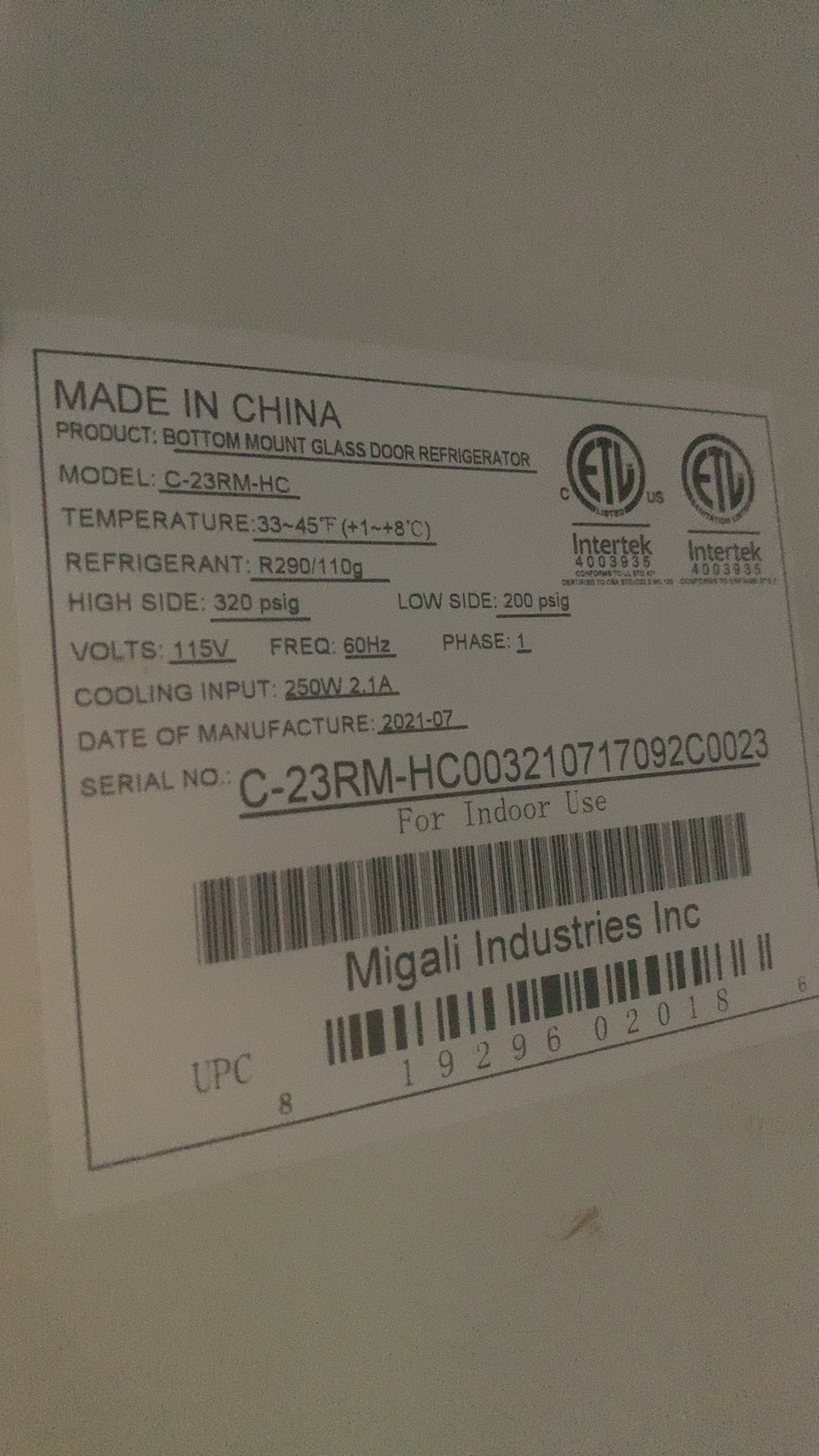 Migali C-23RM-HC Refrigerator, Bottom Mount Glass Door 115V 60Hz 1 Phase