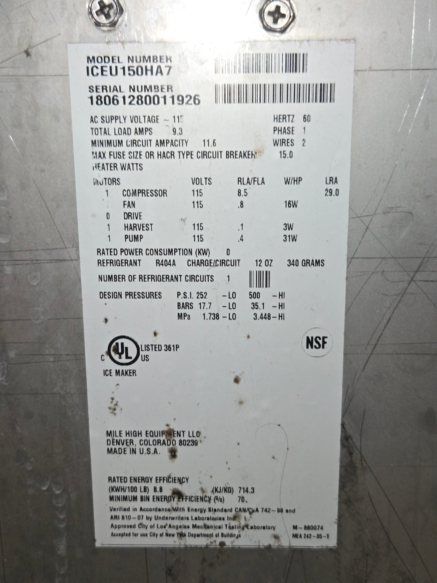 Ice-O-Matic ICEU150HA7 Ice Machine, Undercounter 150 lb Production, Air Cooled