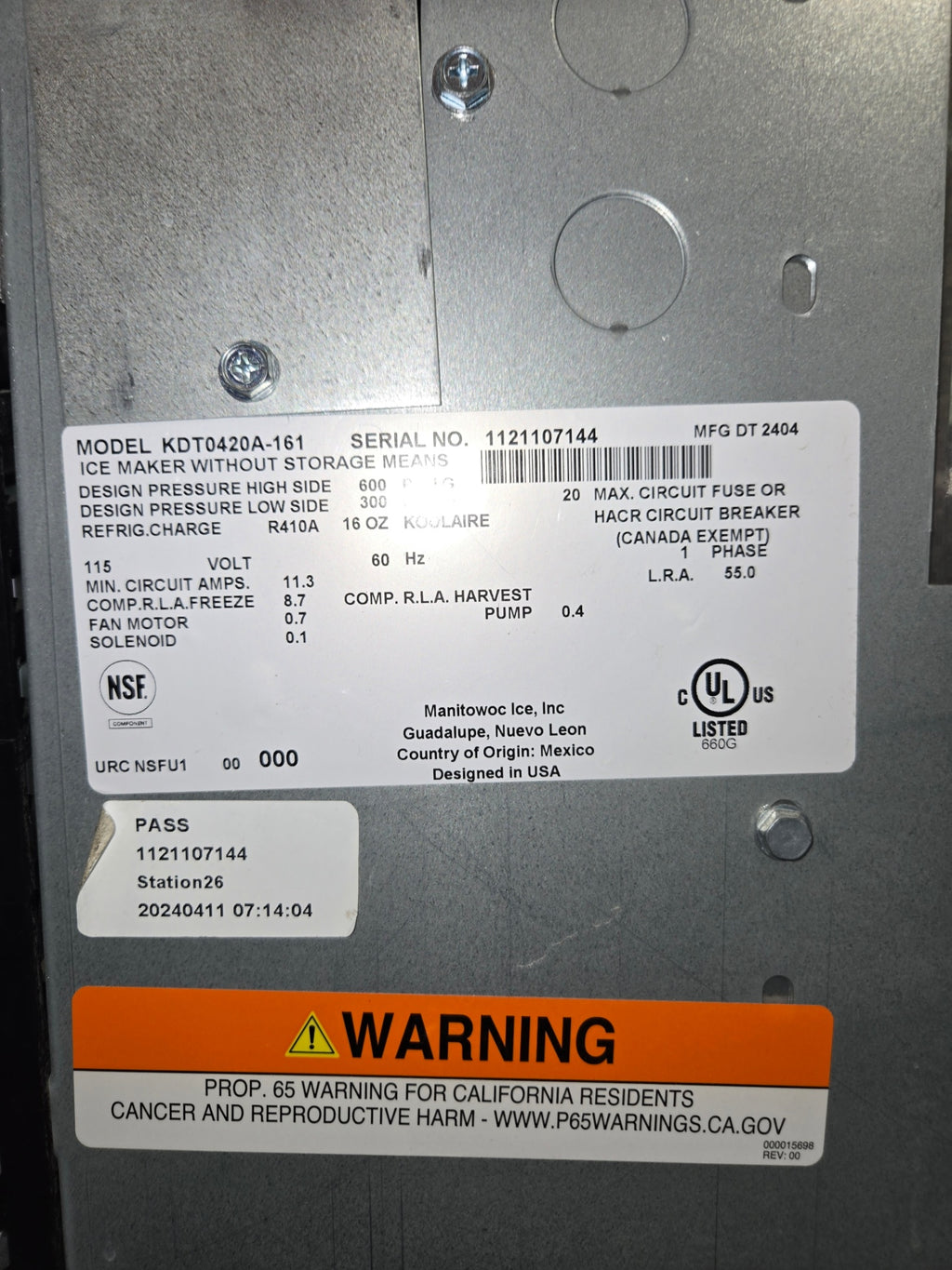 Manitowoc KDT0420A-161 Ice Machine Head and Bin Combination, Air Cooled 115 Volt NSF Certified on Wheels