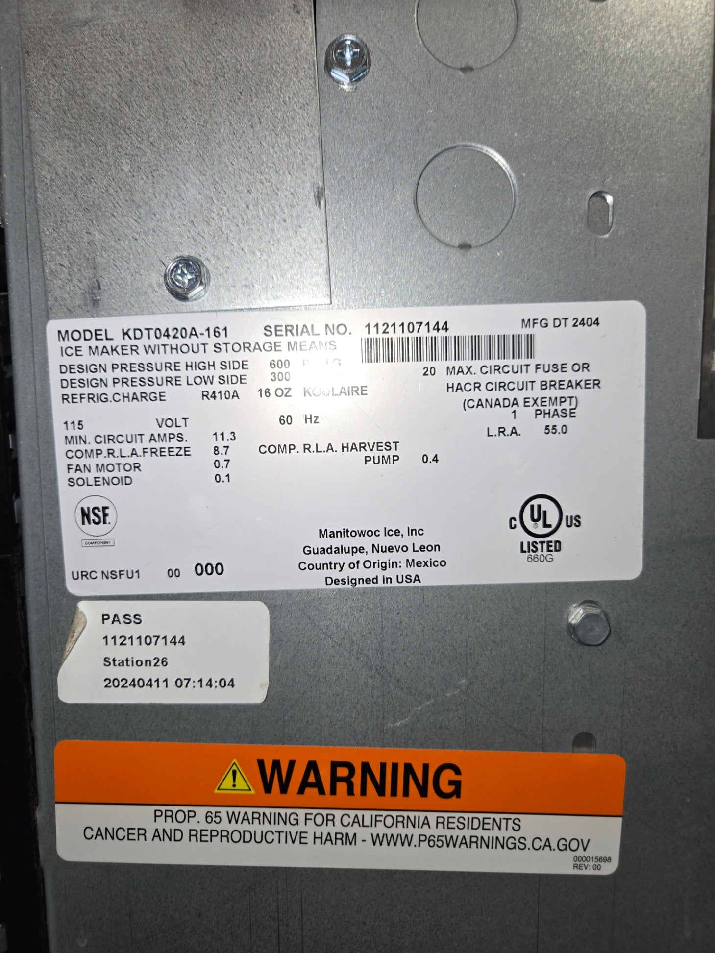 Manitowoc KDT0420A-161 Ice Machine Head and Bin Combination, Air Cooled 115 Volt NSF Certified on Wheels